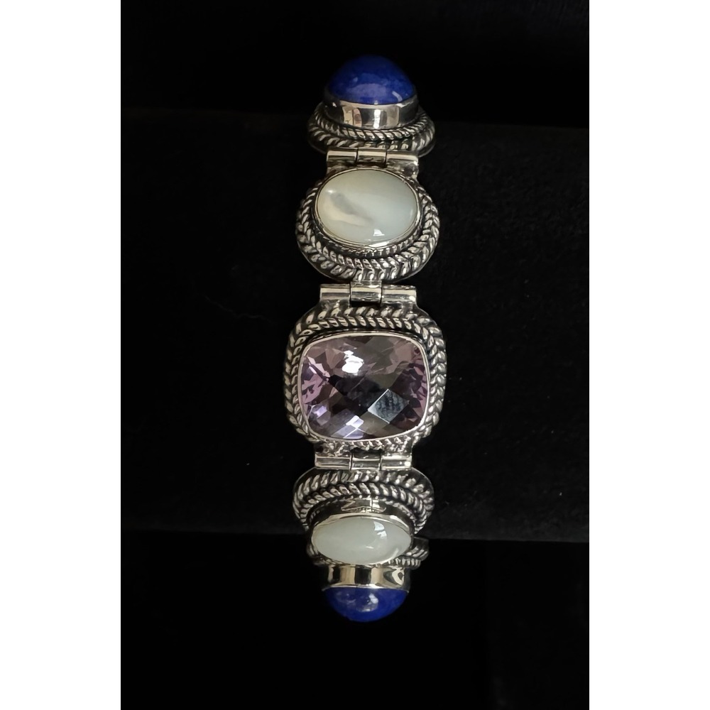 Vintage Suarti Bali 925 Sterling Amethyst Lapis MOP 7.5"-8"Bracelet 39.8g
